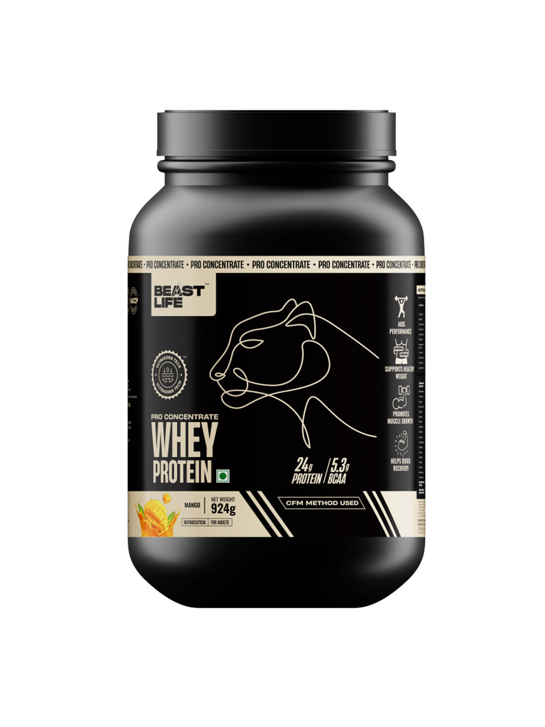 BeastLife Pro Concentrate Whey Protein With Ultrasorb Tech - Mango Flavour - 924 g