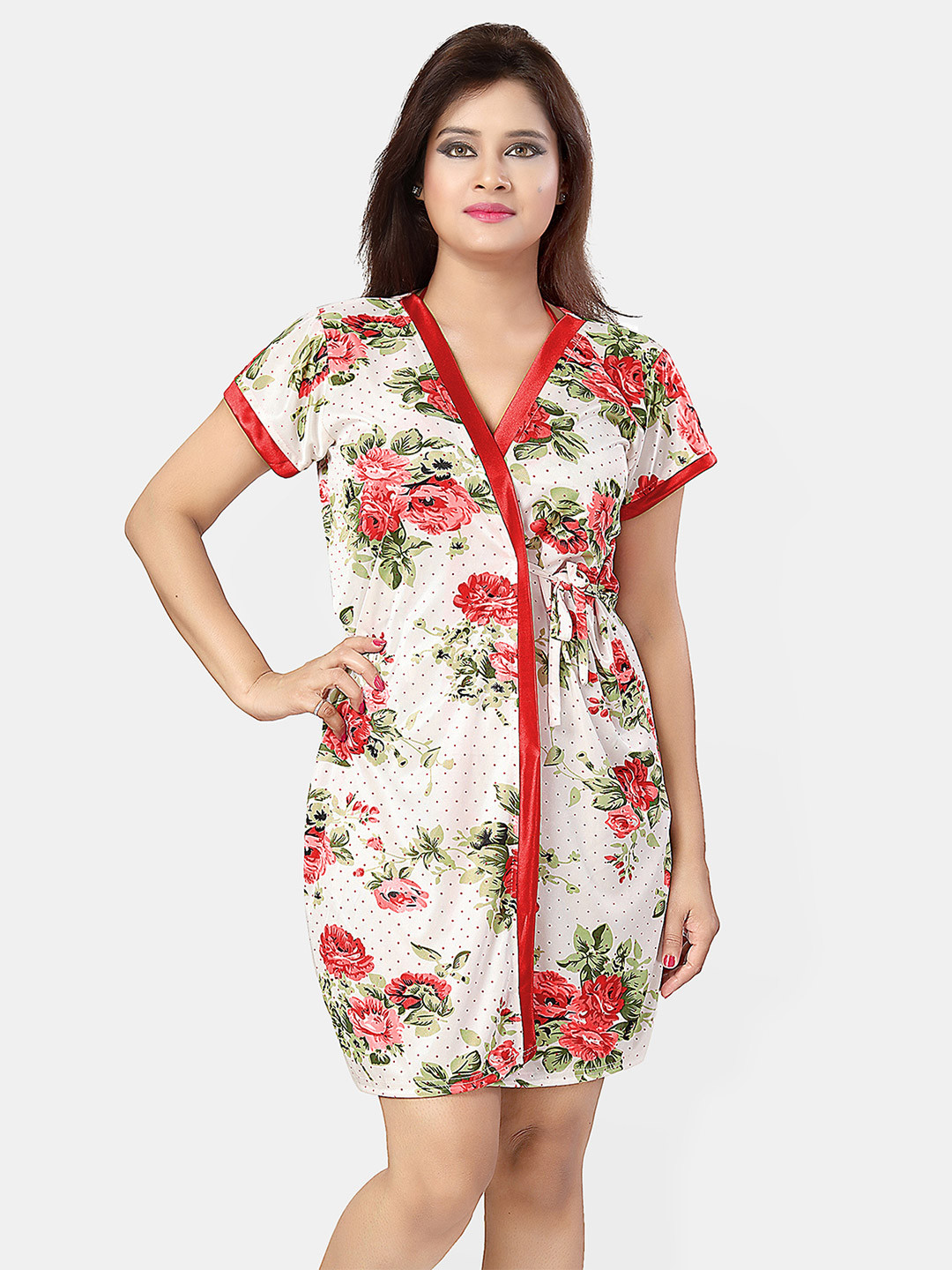 Be You Women Floral Printed Satin Robe & Lingerie Set Nightdress