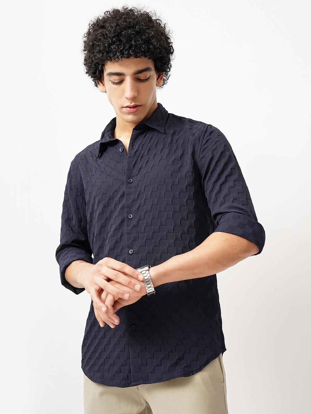 British Club Men Comfort Spread Collar Textured Slim Fit Casual Shirt