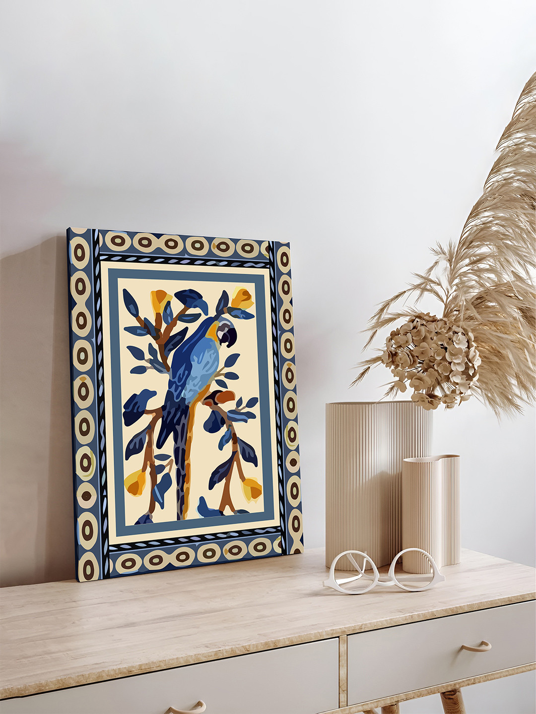 Art Street Blue & Beige Indian Folk Parrot Stretched Canvas Botanical Painting Wall Art