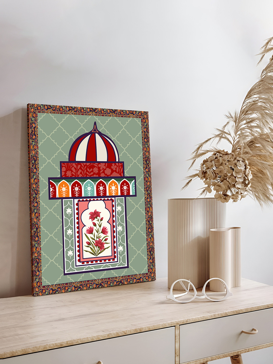 Art Street Indian Folk Mughal Floral Pattern Art, Stretched Canvas Botanical Painting