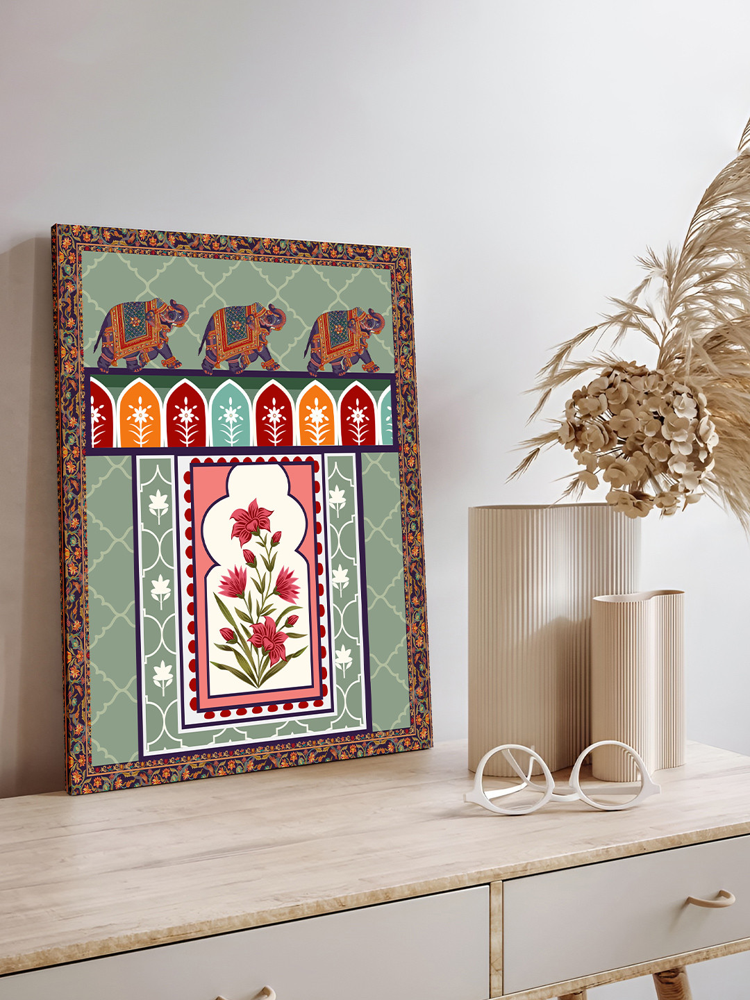 Art Street Pink & Green Indian Folk Mughal Stretched Canvas Botanica Painting Wall Art