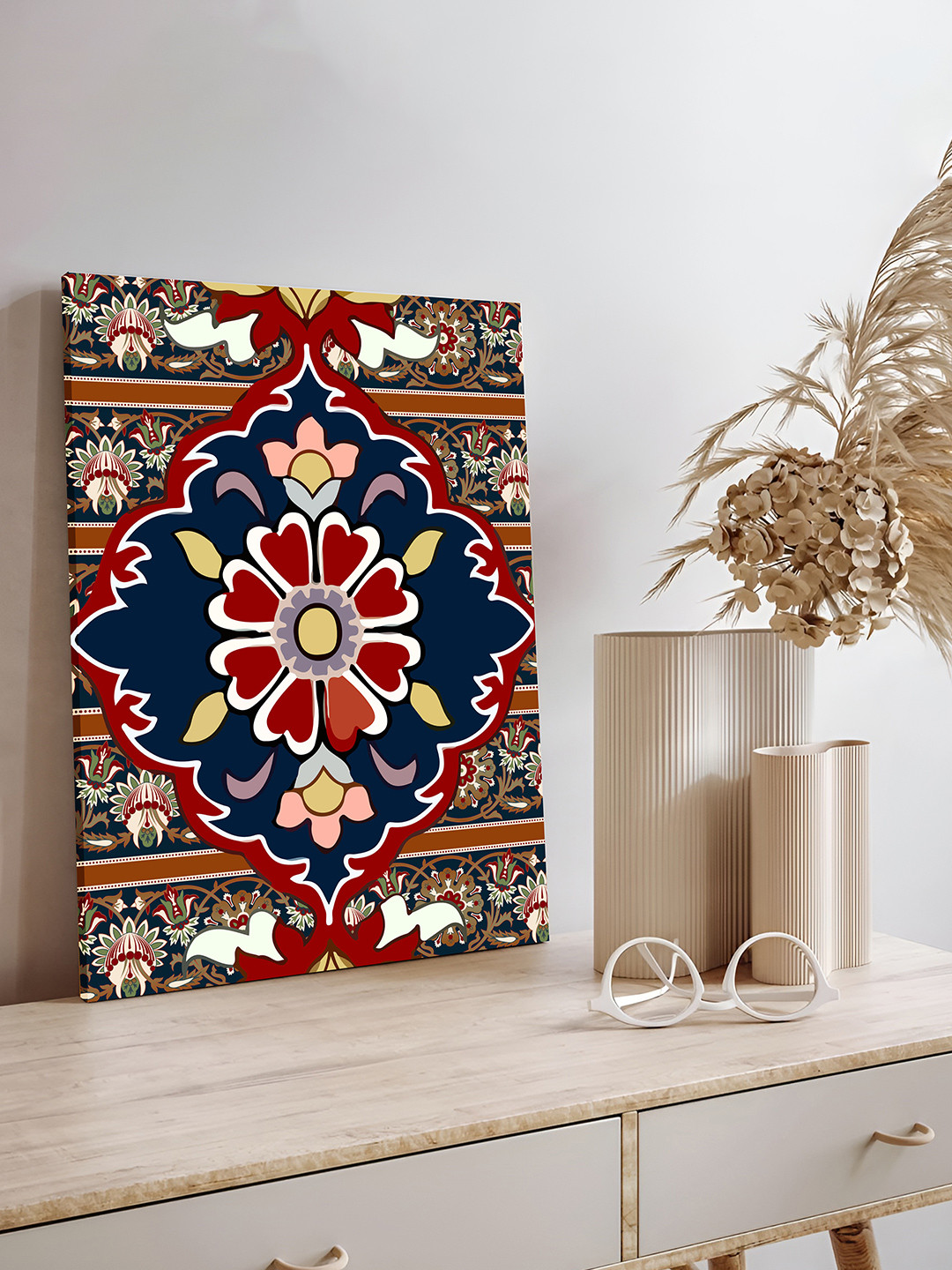Art Street Indian Folk Blue & Maroon Canvas Floral and Botanical Wall Paintings