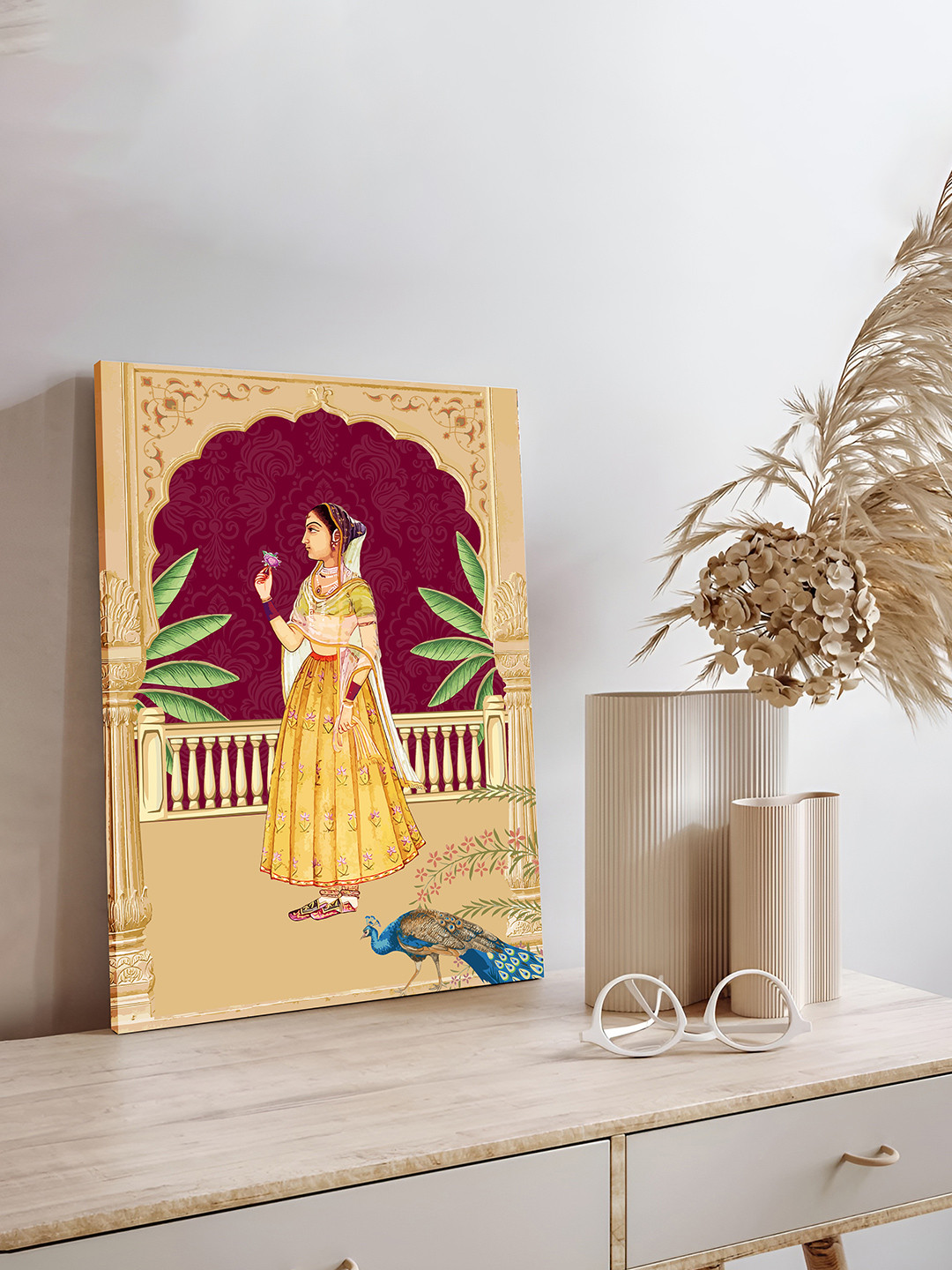 Art Street Yellow & Green Indian Folk Mughal Stretched Canvas Painting Wall Art