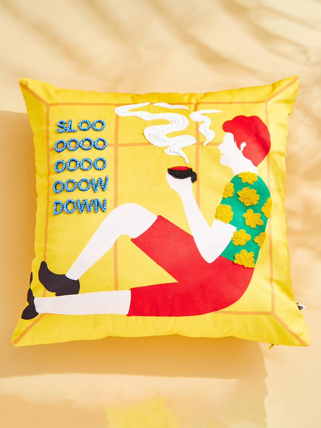 Home Centre Little Things Yellow & White Beaded Square Shaped Filler Cushion