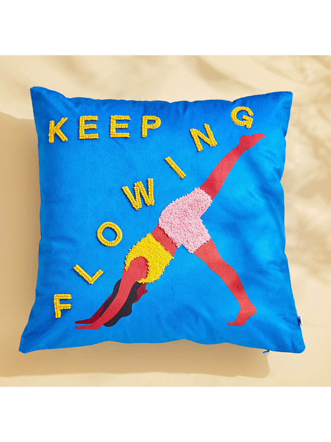 Home Centre Blue & Yellow Beaded Square Shaped Filled Cushion