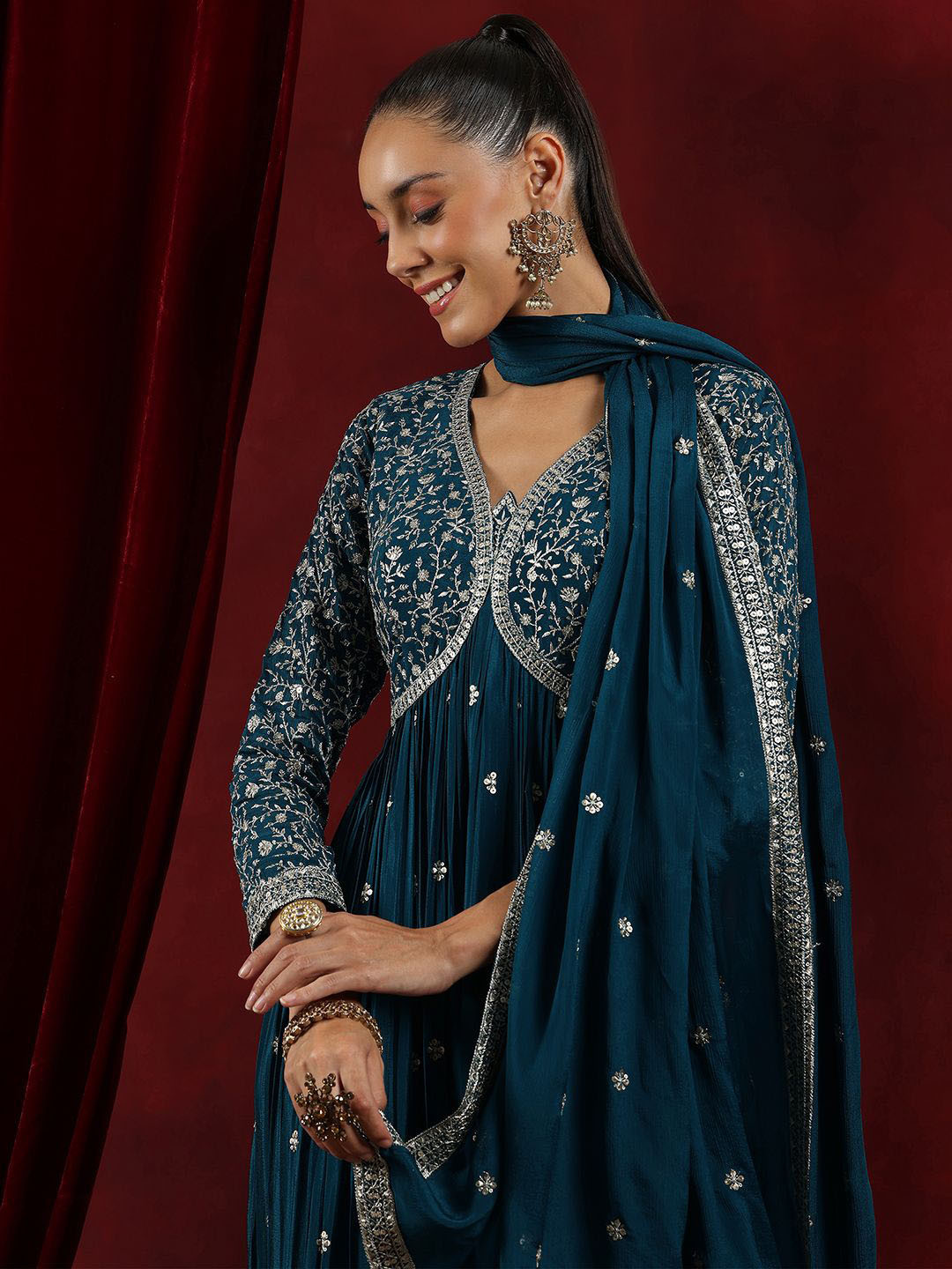 Libas Art Floral Embroidered V-Neck Empire Sequinned Kurta With Trouser With Dupatta