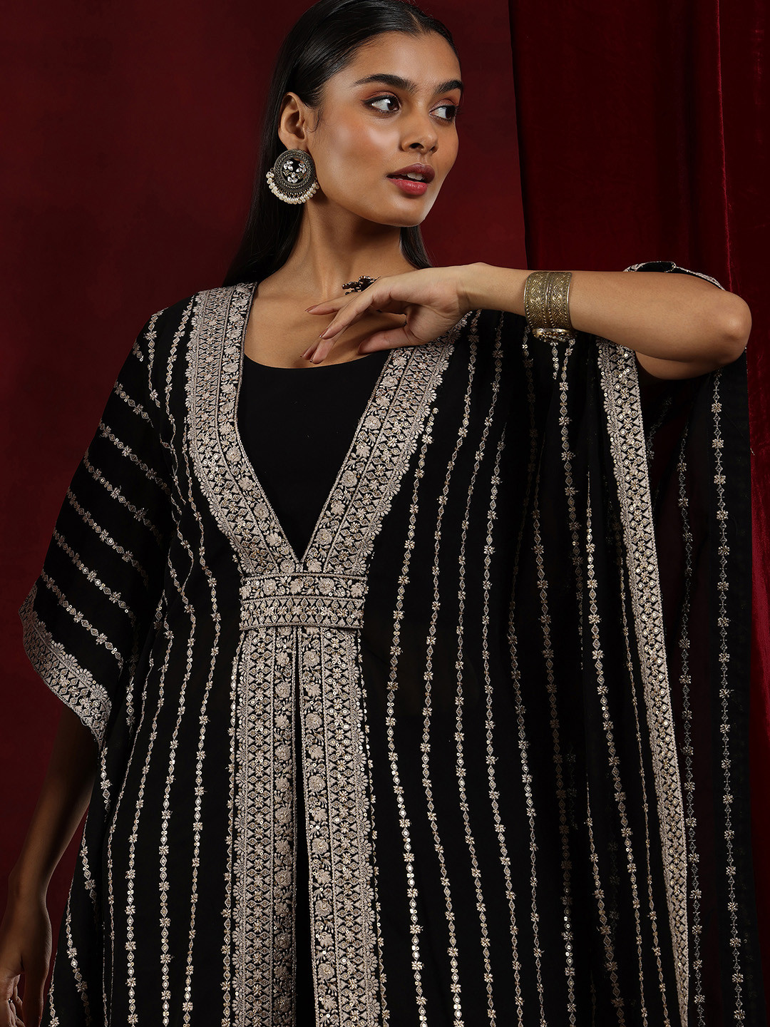 Libas Art Floral Embroidered Regular Georgette Kaftan Kurta & Palazzo & Camisole Top