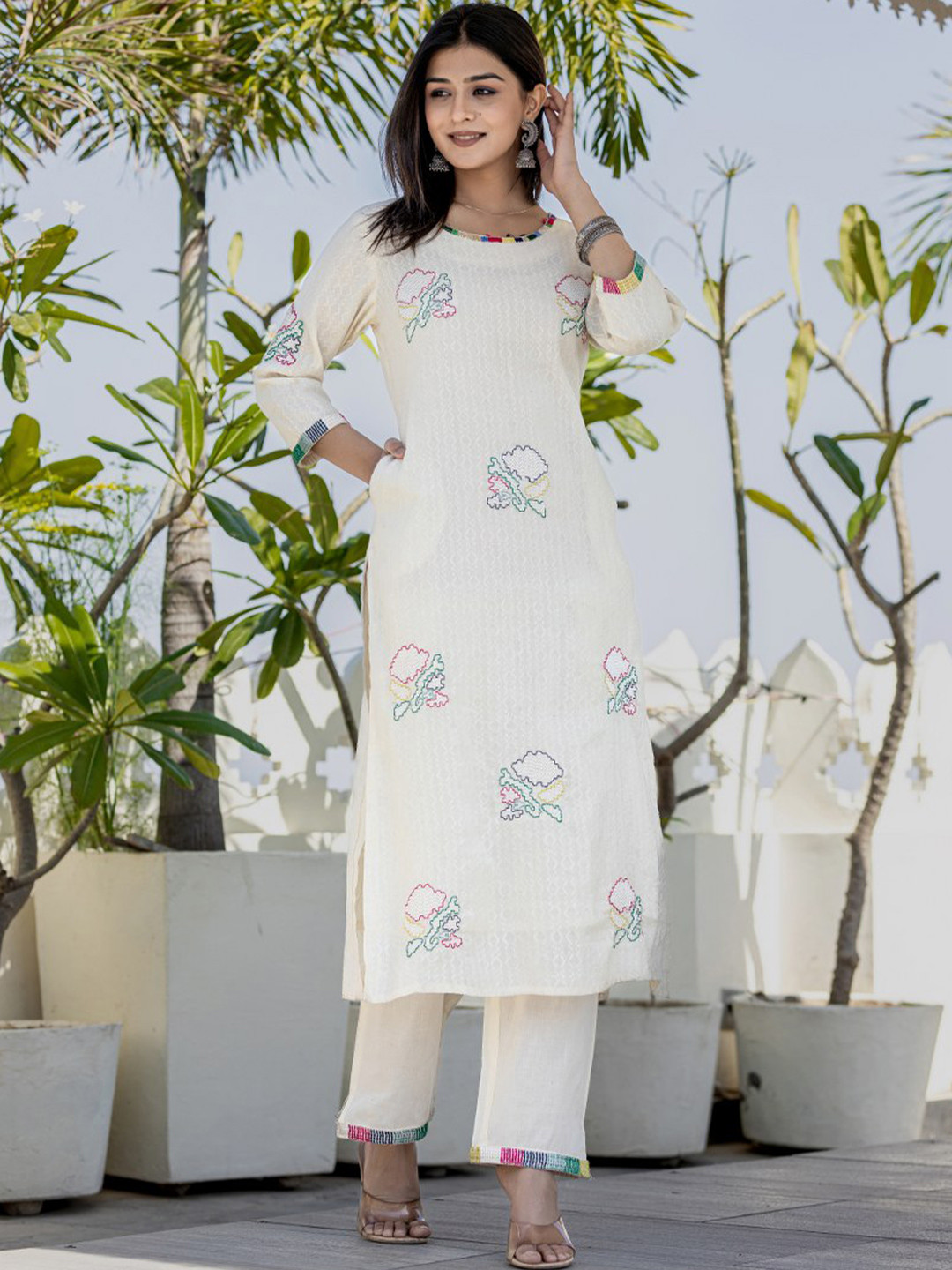 CUSTARD Embroidered Cotton Straight off White Kurta With Trouser & Dupatta