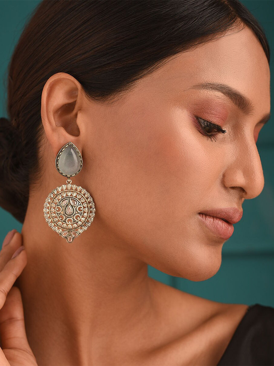 JAYPORE Contemporary Oxidised Stone Jhumkas Earrings