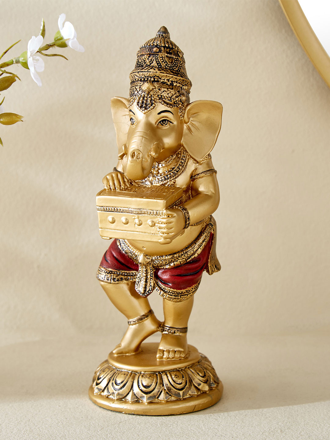 Home Centre Ganesha with Harmonium Gold Polyresin Natural Prayer Room Small Showpiece - 7.5 Inches