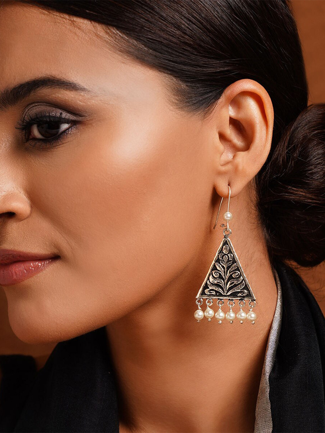 JAYPORE Pure Silver Pearls Studded Contemporary Drop Earrings