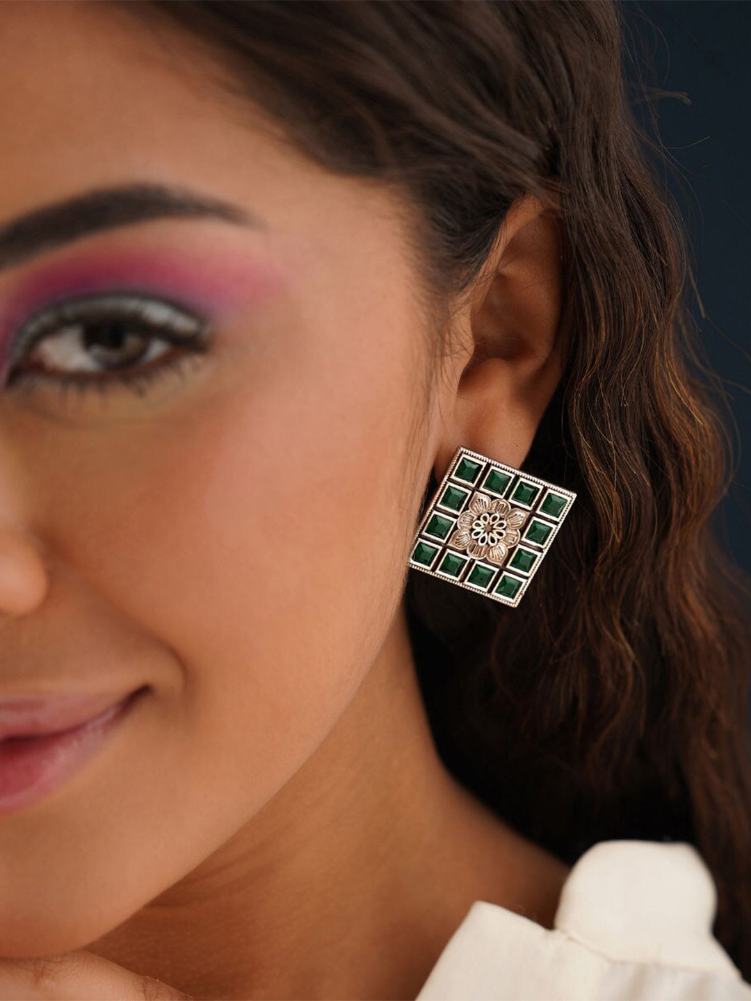JAYPORE Geometric Stone Studded Drop Earrings