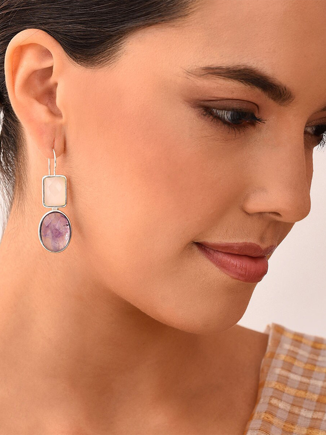 JAYPORE Silver-Plated Contemporary Amethyst Stone Studded Drop Earrings