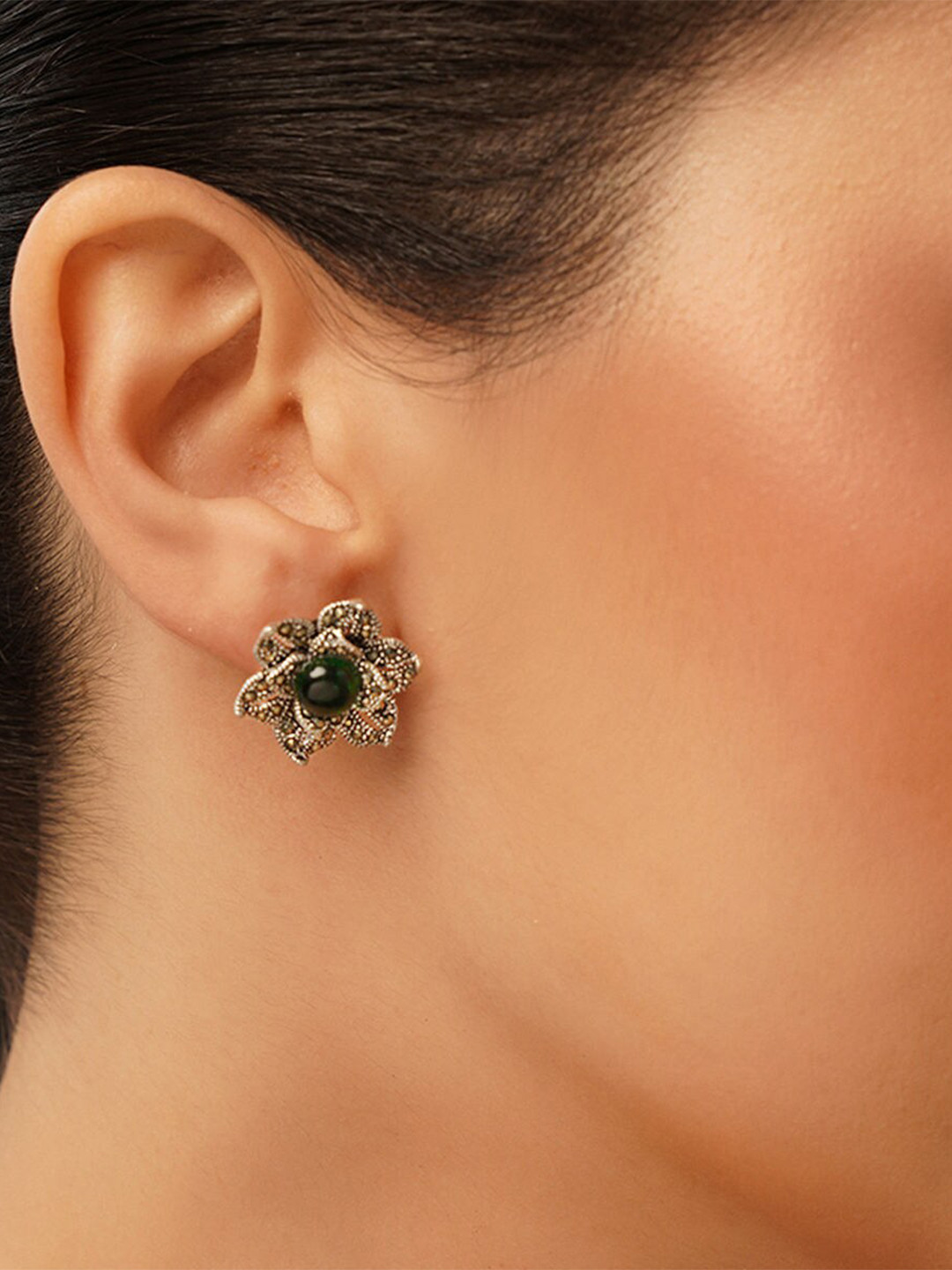 JAYPORE Contemporary Emerald Oxidised Drop Earrings