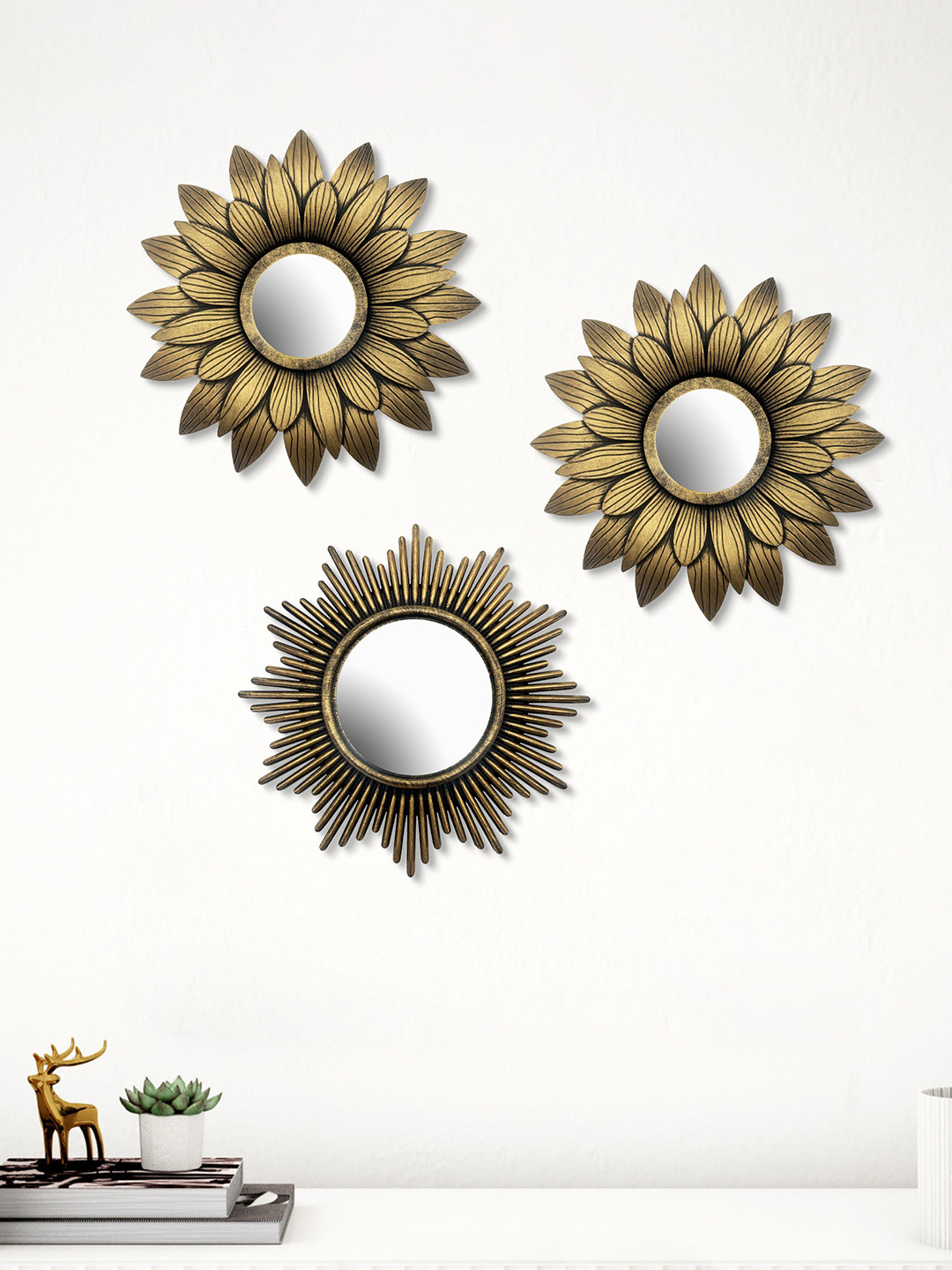 Home Centre Corsica Corvus Gold-Toned 3 Pieces Floral Textured Decorative Wall Mirrors