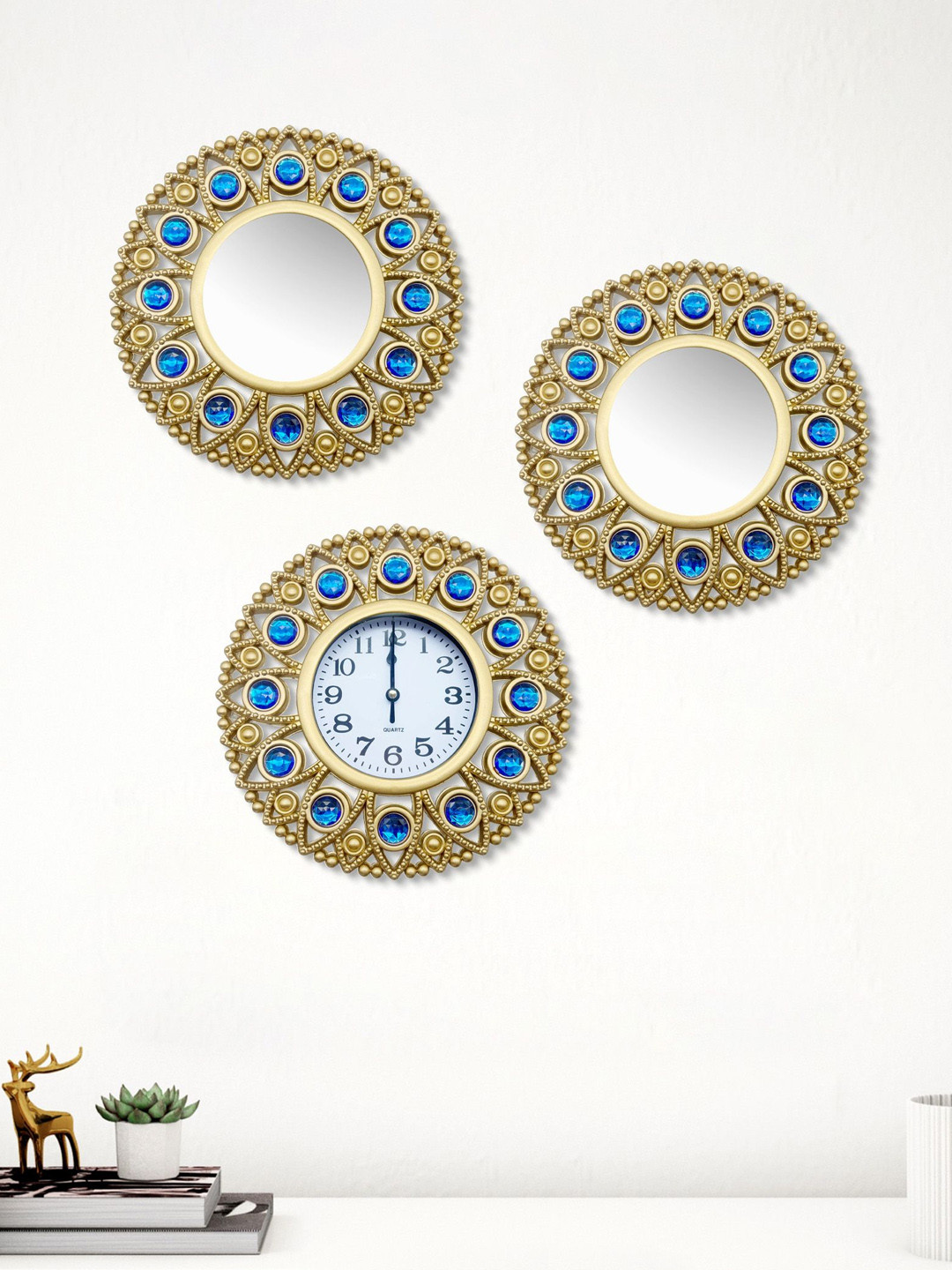 Home Centre Decorative Clock and Mirror Set Metal Large Display Battery Analogue Mirrors Wall Clock