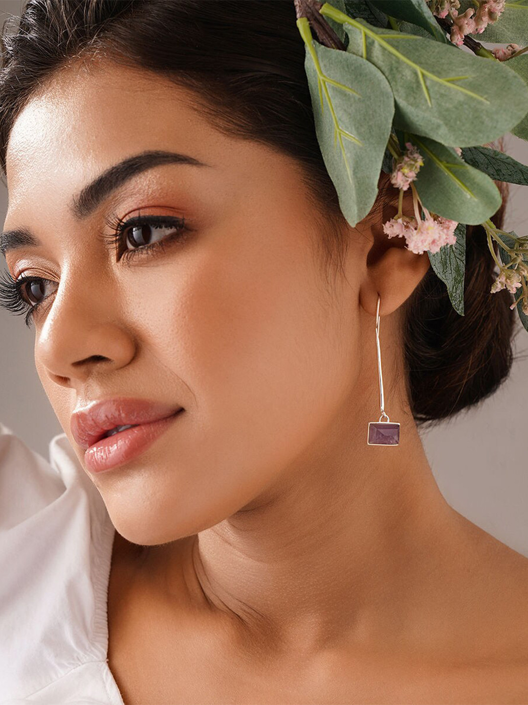 JAYPORE Silver Amethyst Stone Studded Contemporary Drop Earrings
