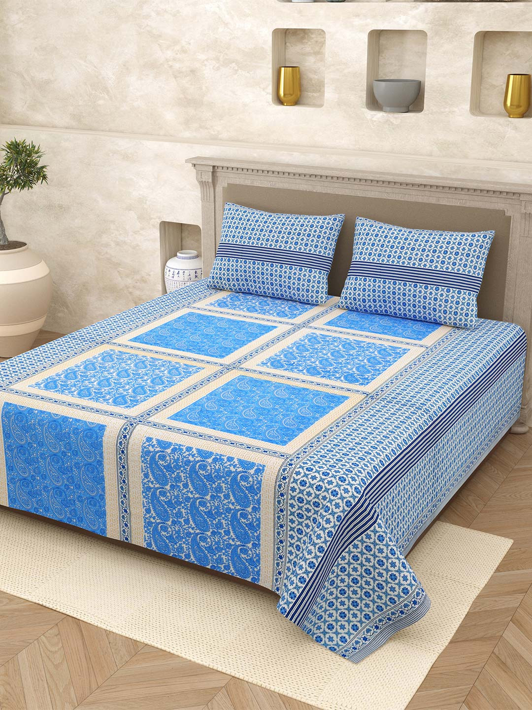 Varde Blue Ethnic Motifs Pure Cotton Wrinkle Free 210 TC Queen Fine Bedsheet with 2 Pillow Covers-87 x 104 inches