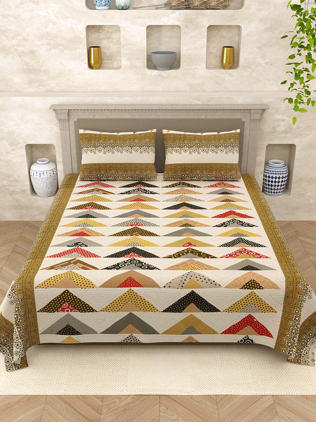 Varde Elegant Selection Jaipuri Olive Geometric Pure Cotton 210 TC Queen Fine Bedsheet with 2 Pillow Covers-87 x 104 inches