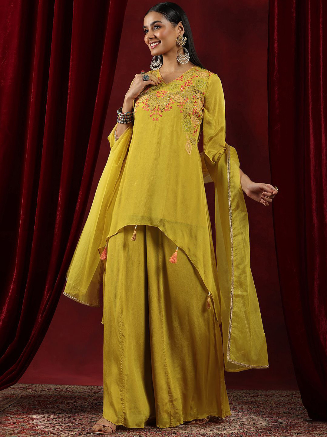 Libas Art Floral Embroidered Beads and Stones Asymmetric Kurta With Palazzos & Dupatta