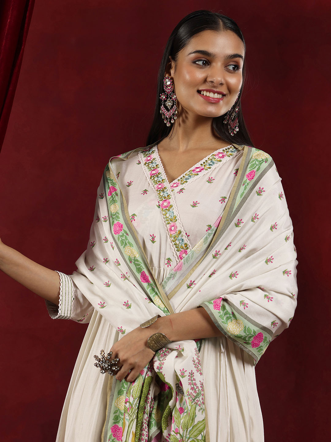 Libas Art Womens Off White Printed Muslin Anarkali Kurta With Trousers & Dupatta