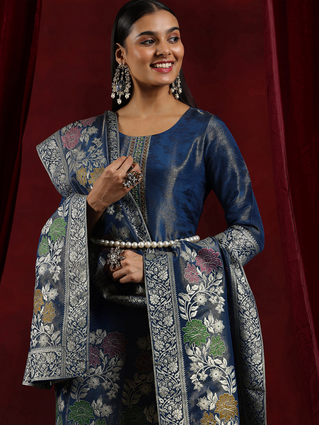 Libas Art Floral Woven Design Beads and Stones Straight Kurta With Trouser & Dupatta