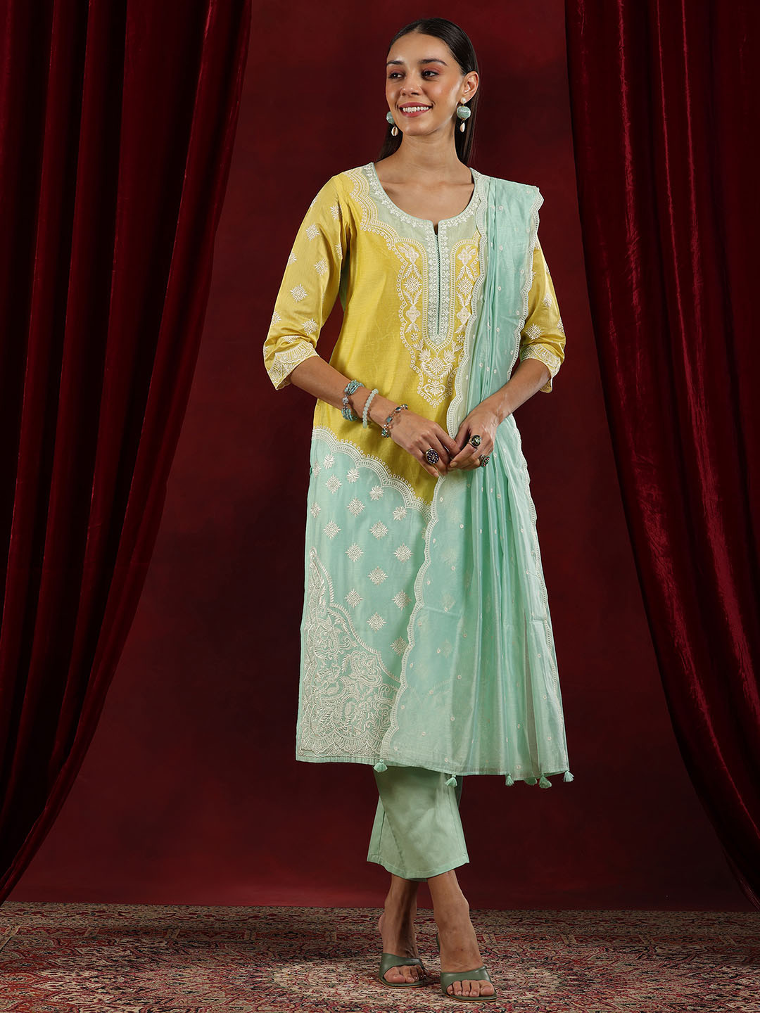 Libas Art Floral Yoke Design Thread Work Chanderi Silk Kurta With Trousers & Dupatta