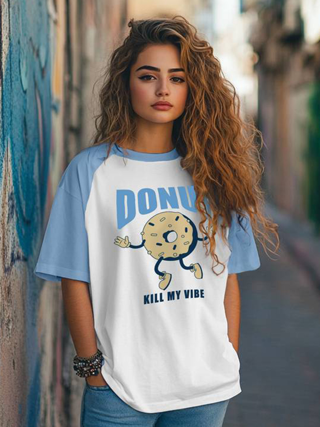 JUNEBERRY Blue & White Printed Raglan Sleeve Relaxed Fit Pure Cotton Oversized T-shirt