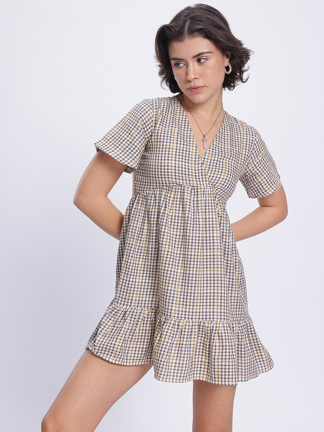 ワンピース Becky check mini dress brown andmary ANDMARY】Becky check mini dress