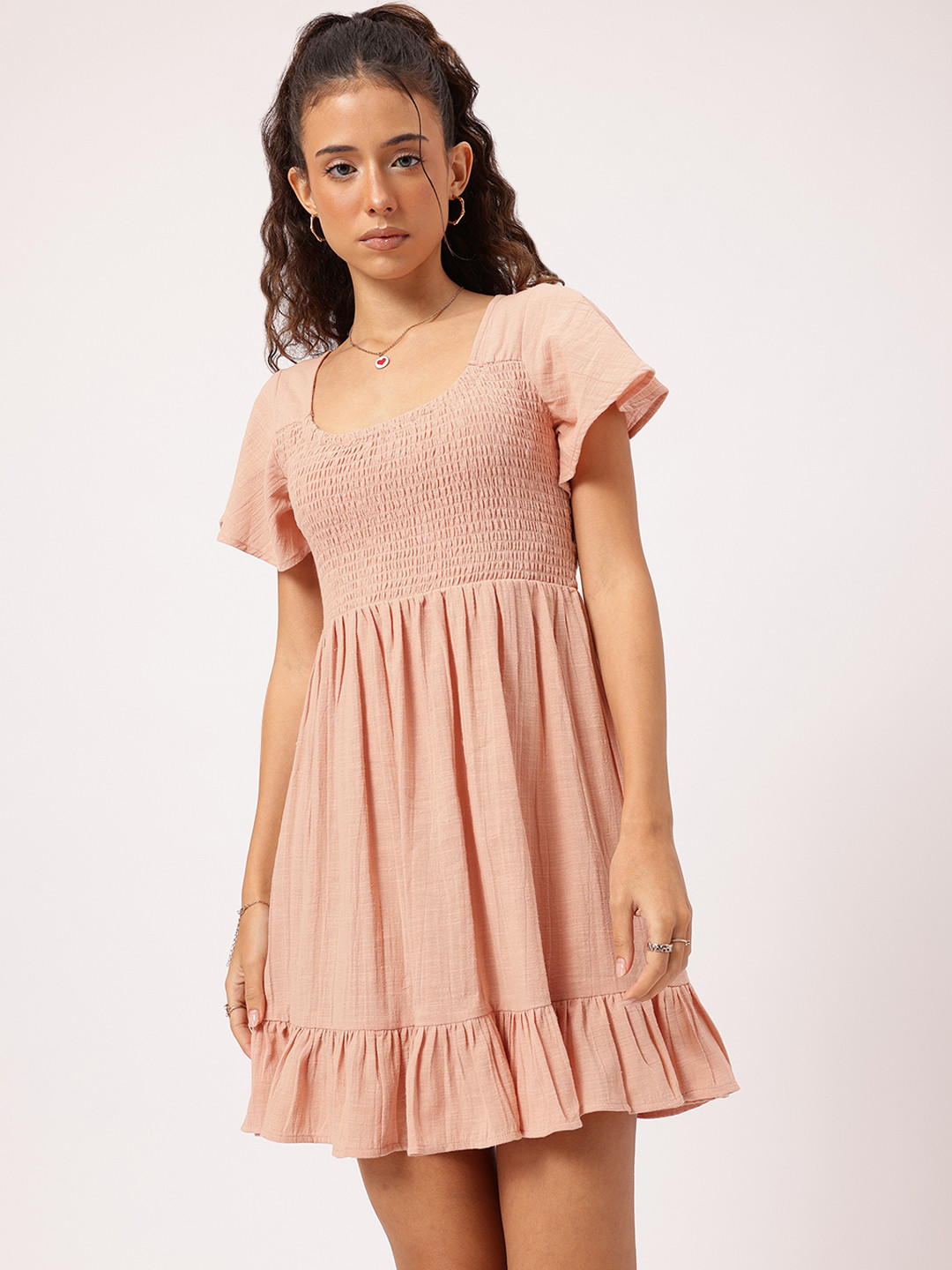 DressBerry Cut-Out Smocked Flutter Sleeve Mini Dress