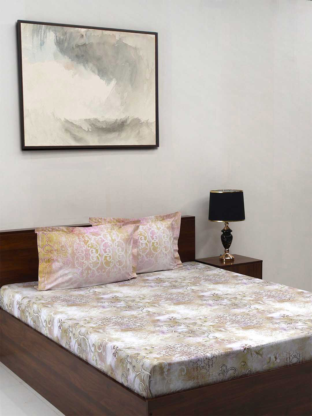 BOMBAY DYEING Fantasque Beige Abstract Pure Cotton 180 TC Super King Fine Bedsheet with 2 Pillow Covers-108 x 108 inches