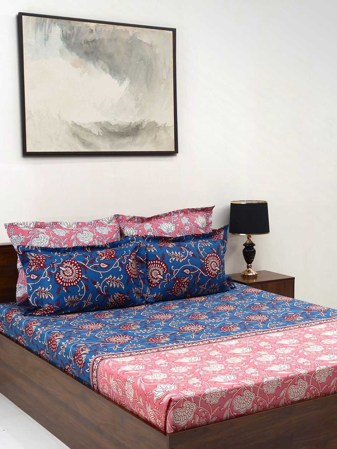 BOMBAY DYEING Ikkat Peach Ethnic Motifs Pure Cotton 300 TC King Fine Bedsheet with 4 Pillow Covers-108 x 108 inches