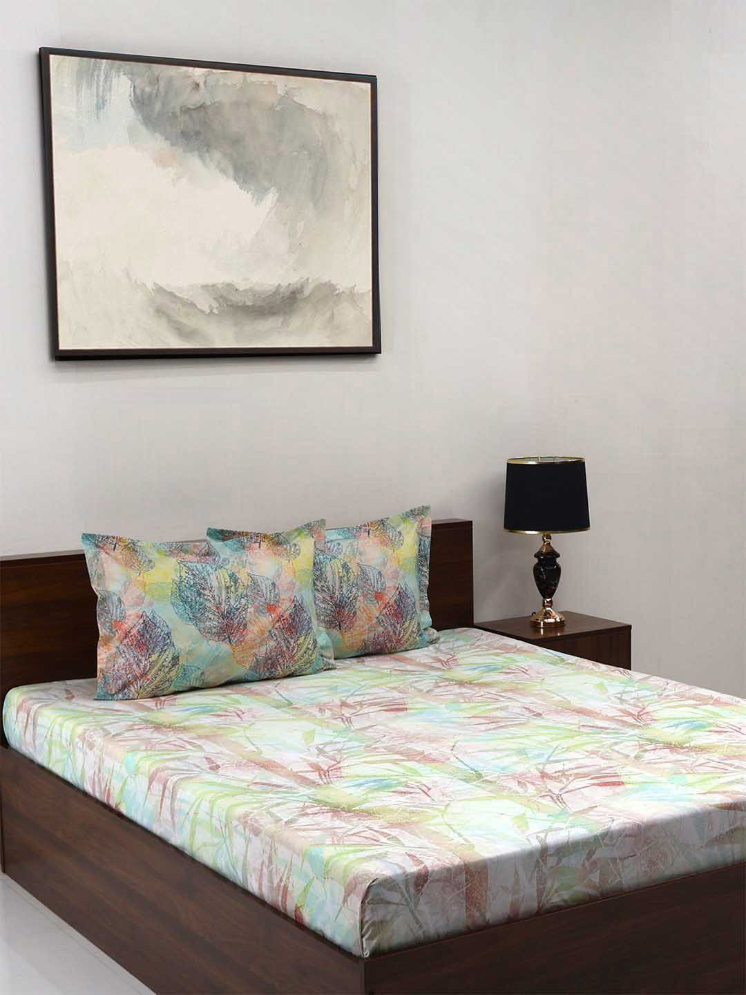 BOMBAY DYEING Fantasque Green Floral Pure Cotton 180 TC Super King Fine Bedsheet with 2 Pillow Covers-108 x 108 inches