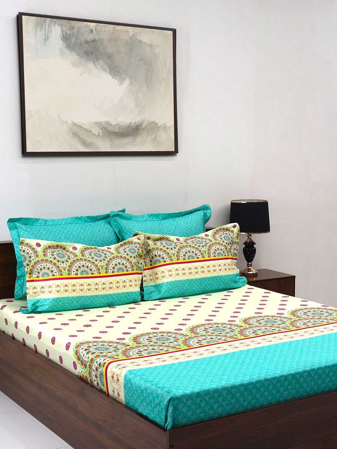 BOMBAY DYEING Celebrating India Sea Green Ethnic Motifs Cotton 300 TC King Fine Bedsheet with 4 Pillow Covers-108 x 108 inches