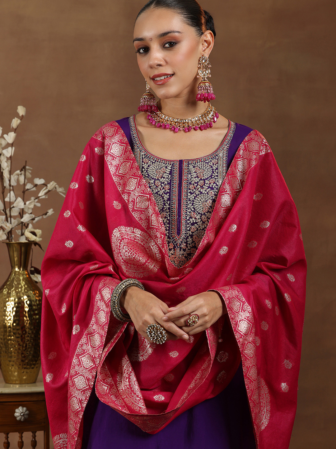 Gerua By Libas Floral Yoke Design Sequinned Straight Kurta With Trouser & Dupatta