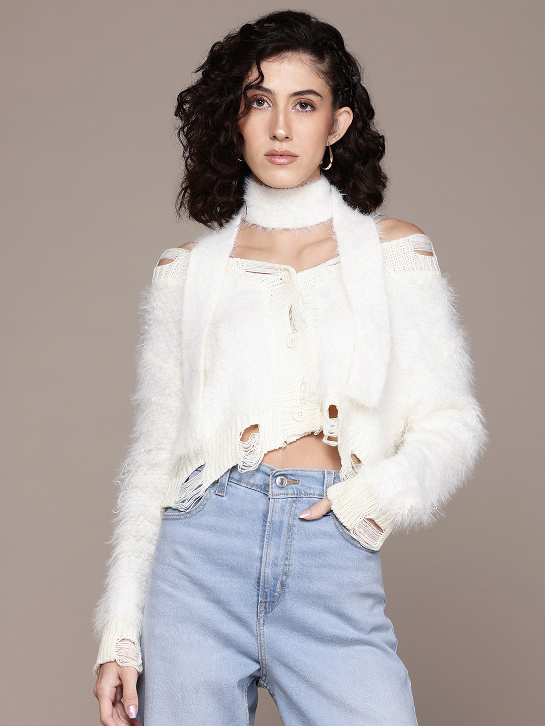 Roadster Boucle Woollen Crop Cardigan with Fuzzy Detail