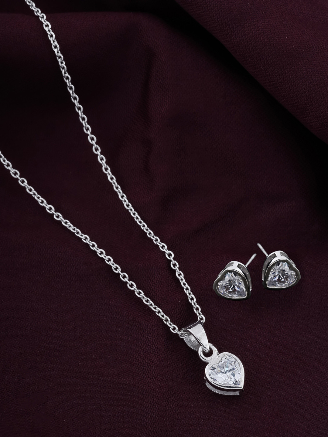 CAUER 92% Sterling Silver Rhodium Plated Heart Pattern CZ Studded Pedant Jewellery Set