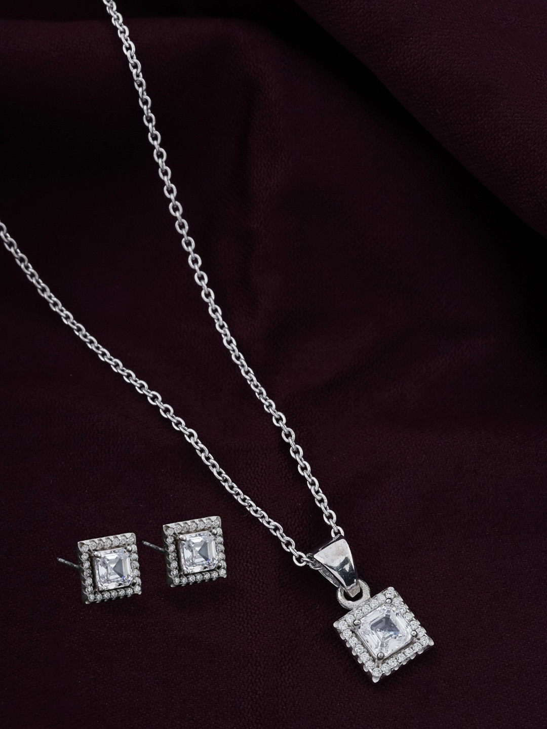 CAUER 925 Sterling Silver Rhodium Plated Shimmering Princess Cut CZ Studded Jewellery Set