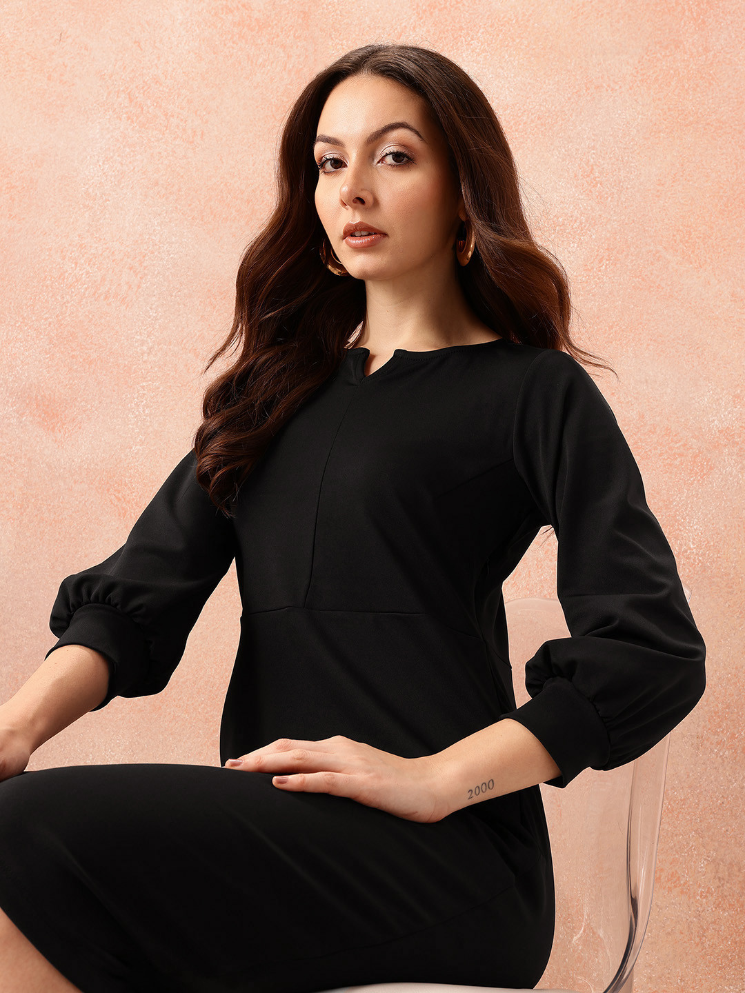 all about you Notched Round Neck Cuffed Sleeves Sheath Dress with Back Sllit