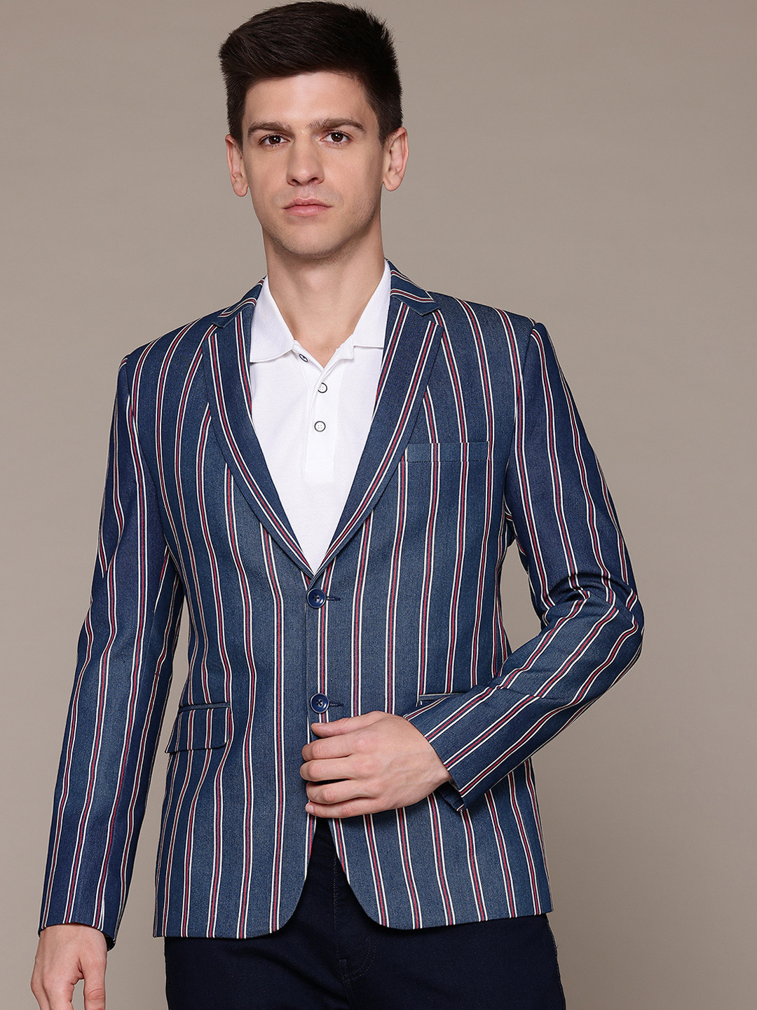ESSAS club Striped Denim Single-Breasted Slim Fit Casual Blazer