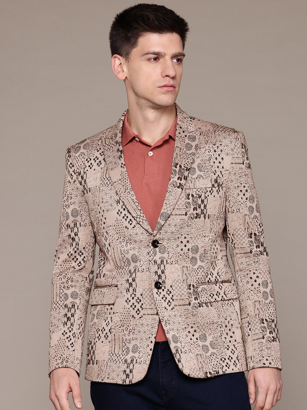 ESSAS club Self Design Jacquard Single-Breasted Slim Fit Blazer