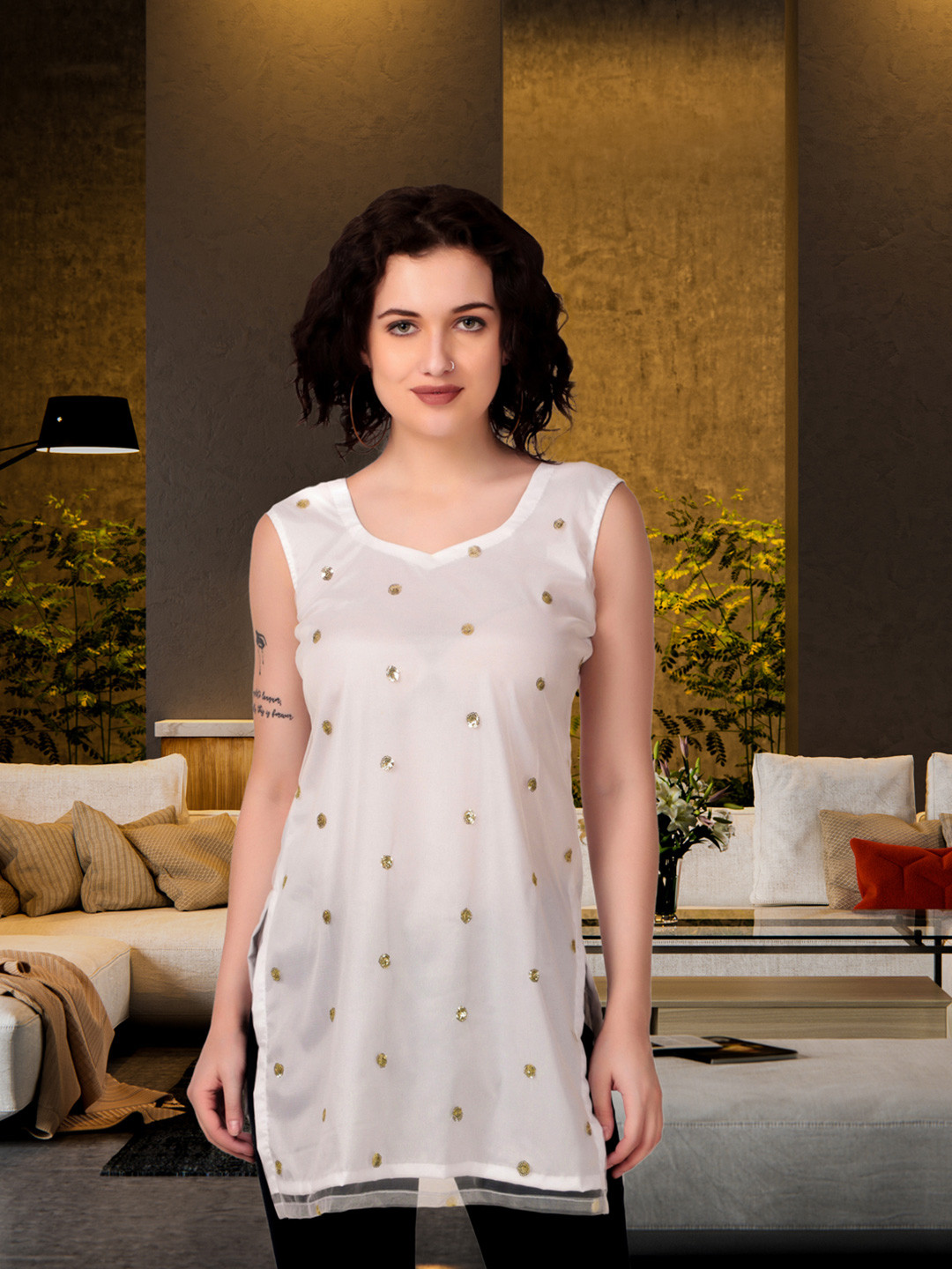 Magnetism White Embelished Short Kurti with Detachable Linning