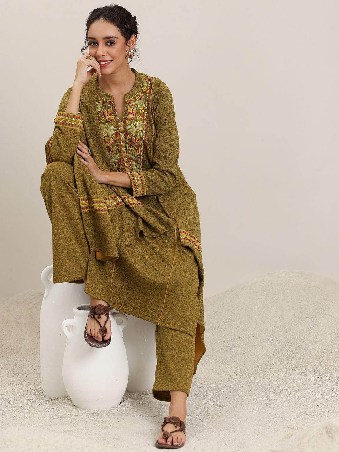 Libas Mustard Yellow Floral Embroidered Mandarin Collar Kurta with Palazzo & Dupatta