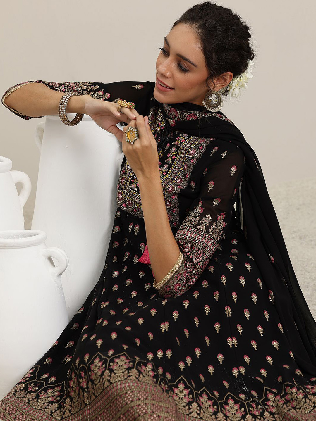 Libas Womens Black Printed Georgette Anarkali Kurta With Trousers & Dupatta