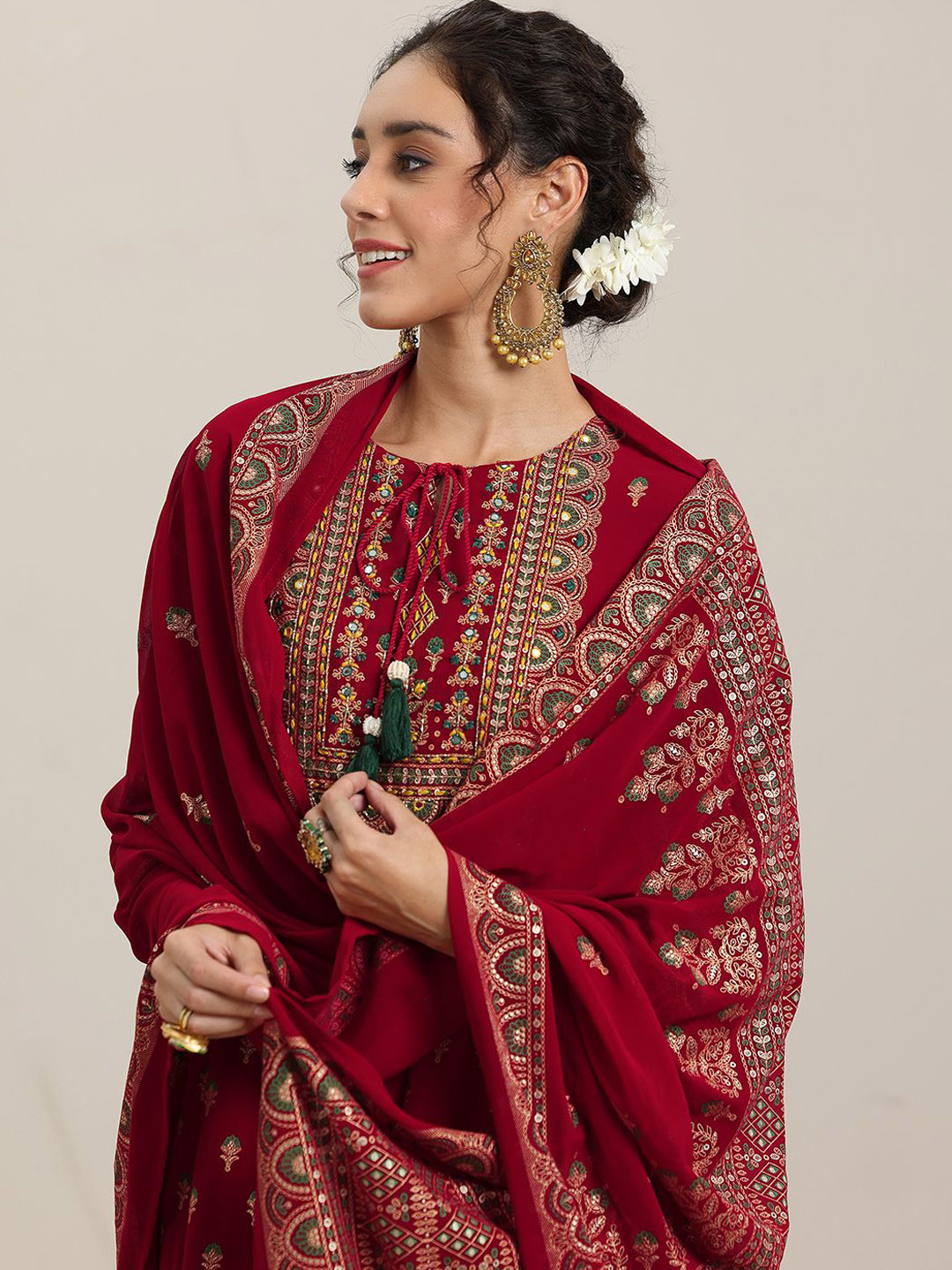 Libas Womens Red Printed Georgette Anarkali Kurta With Trousers & Dupatta