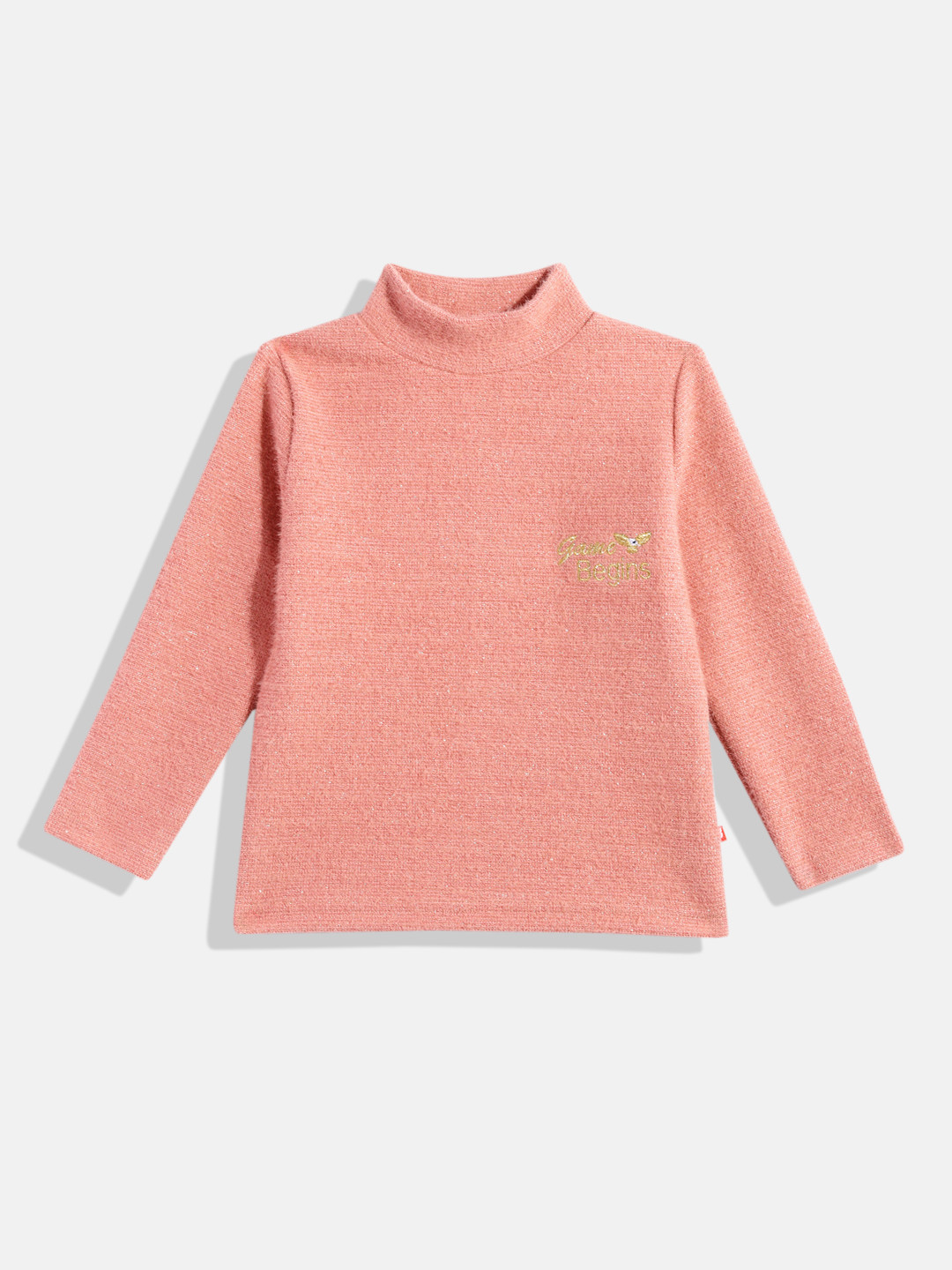 Here&Now X Game Begins Girls High Neck Cotton Shimmer Finish Pullover Sweater