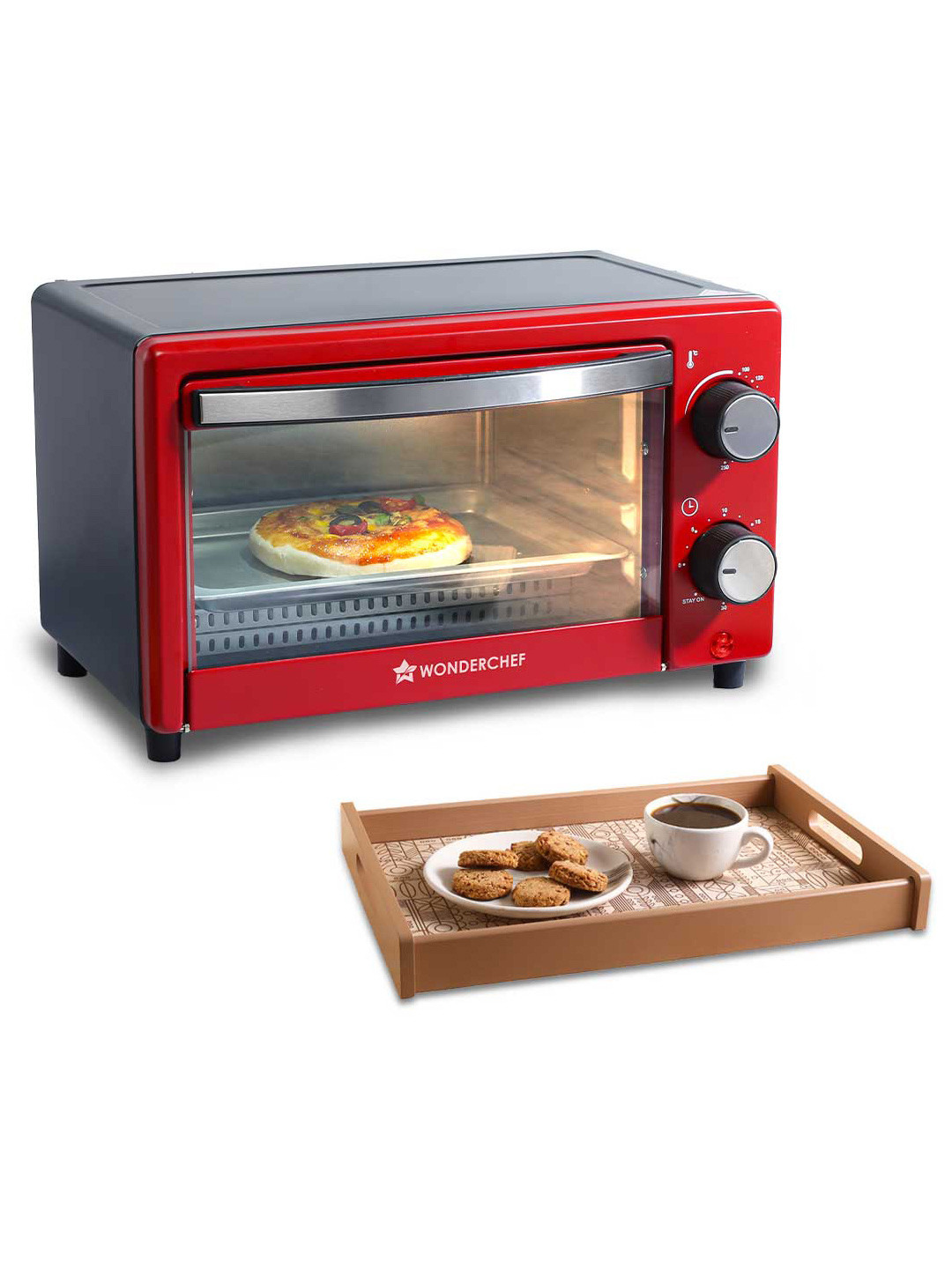 Wonderchef Red & Black Stainless Steel & Wooden Oven Toaster Grill & Casablanca Tray