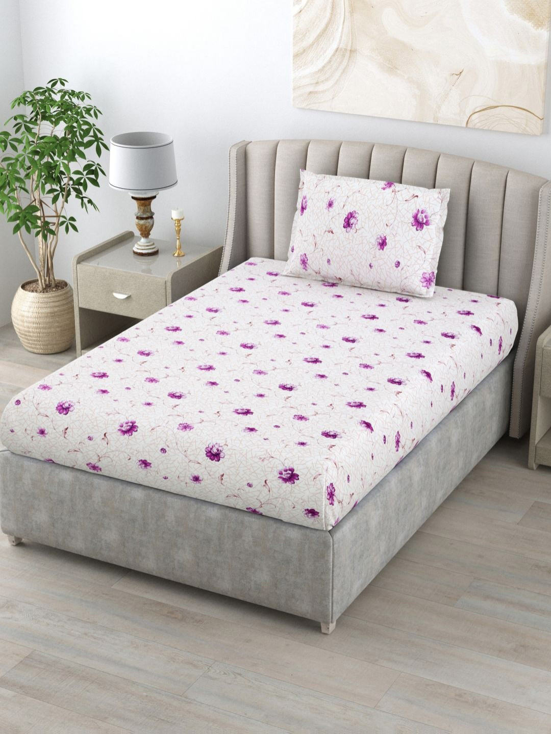 BOMBAY DYEING Dream Lover Pink Floral Pure Cotton 104 TC Single Bedsheet with a Pillow Cover-88 x 55 inches