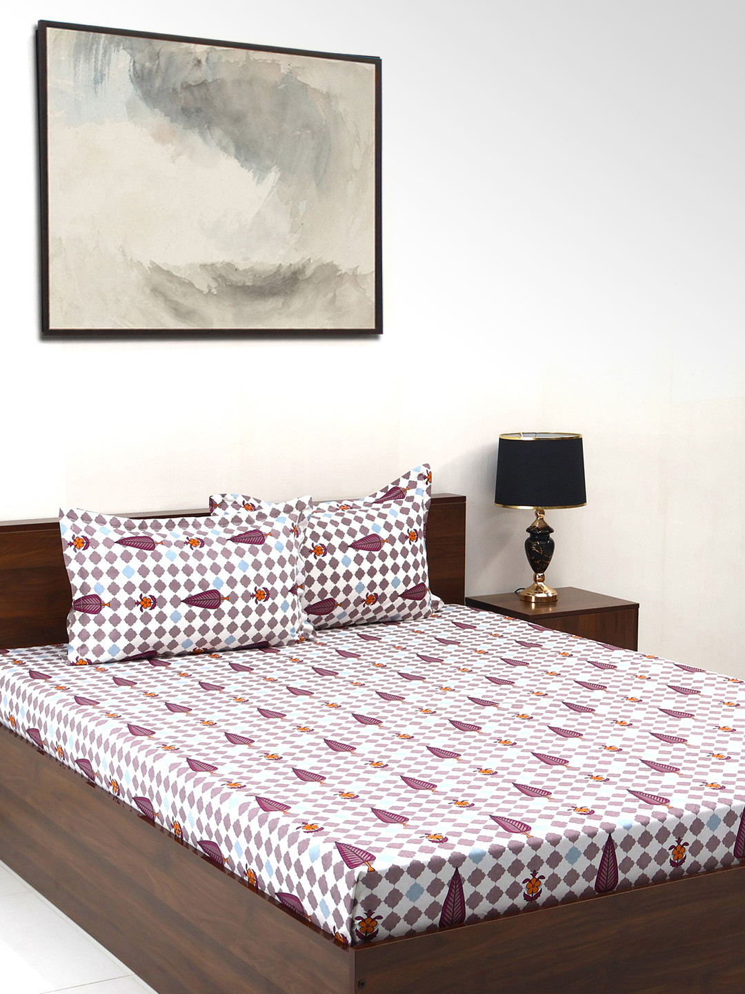 BOMBAY DYEING Cardinal White Floral Pure Cotton 120 TC Queen Bedsheet with 2 Pillow Covers-224 x 254 cm